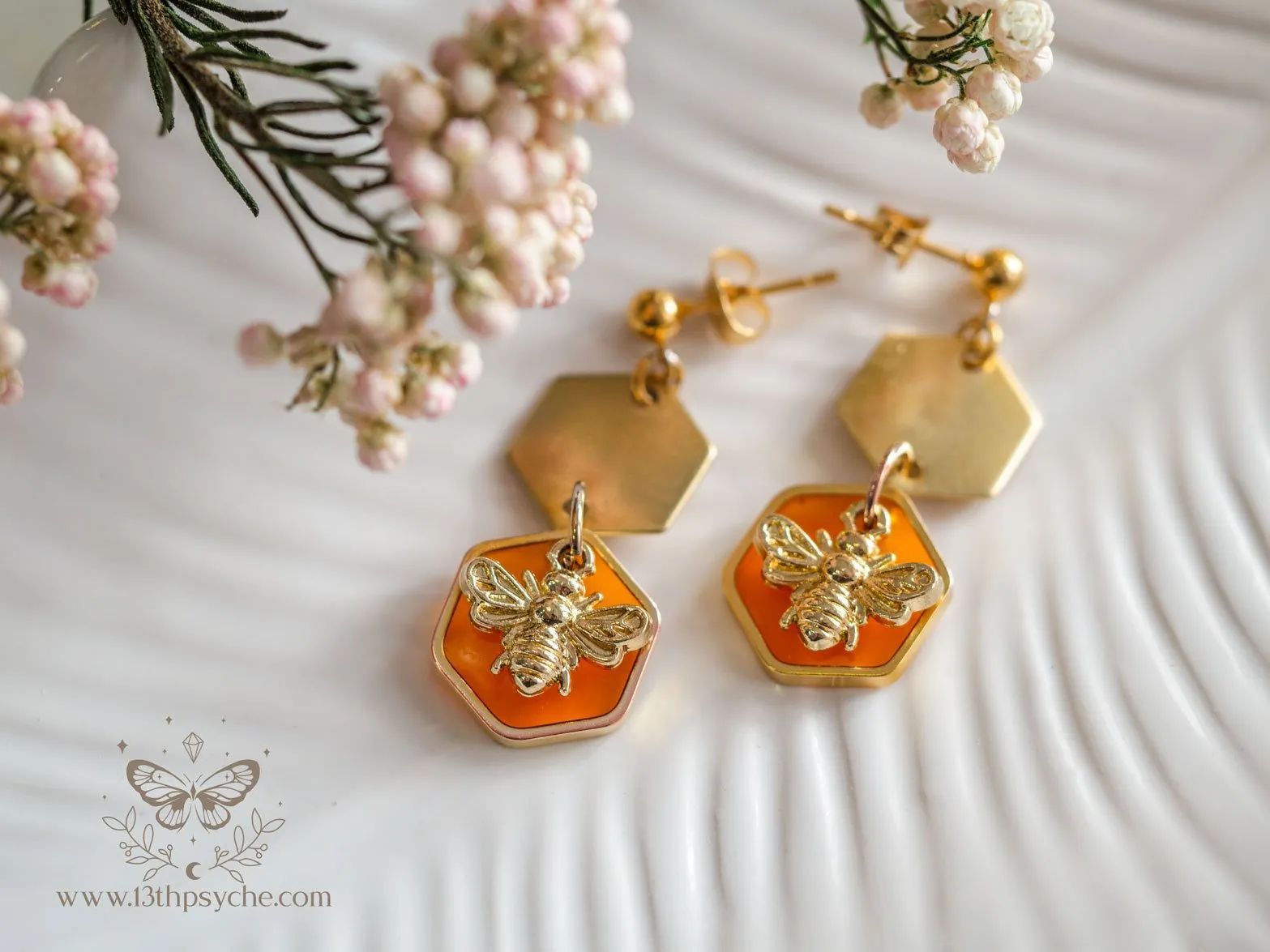 Amber hexagon and bee earrings