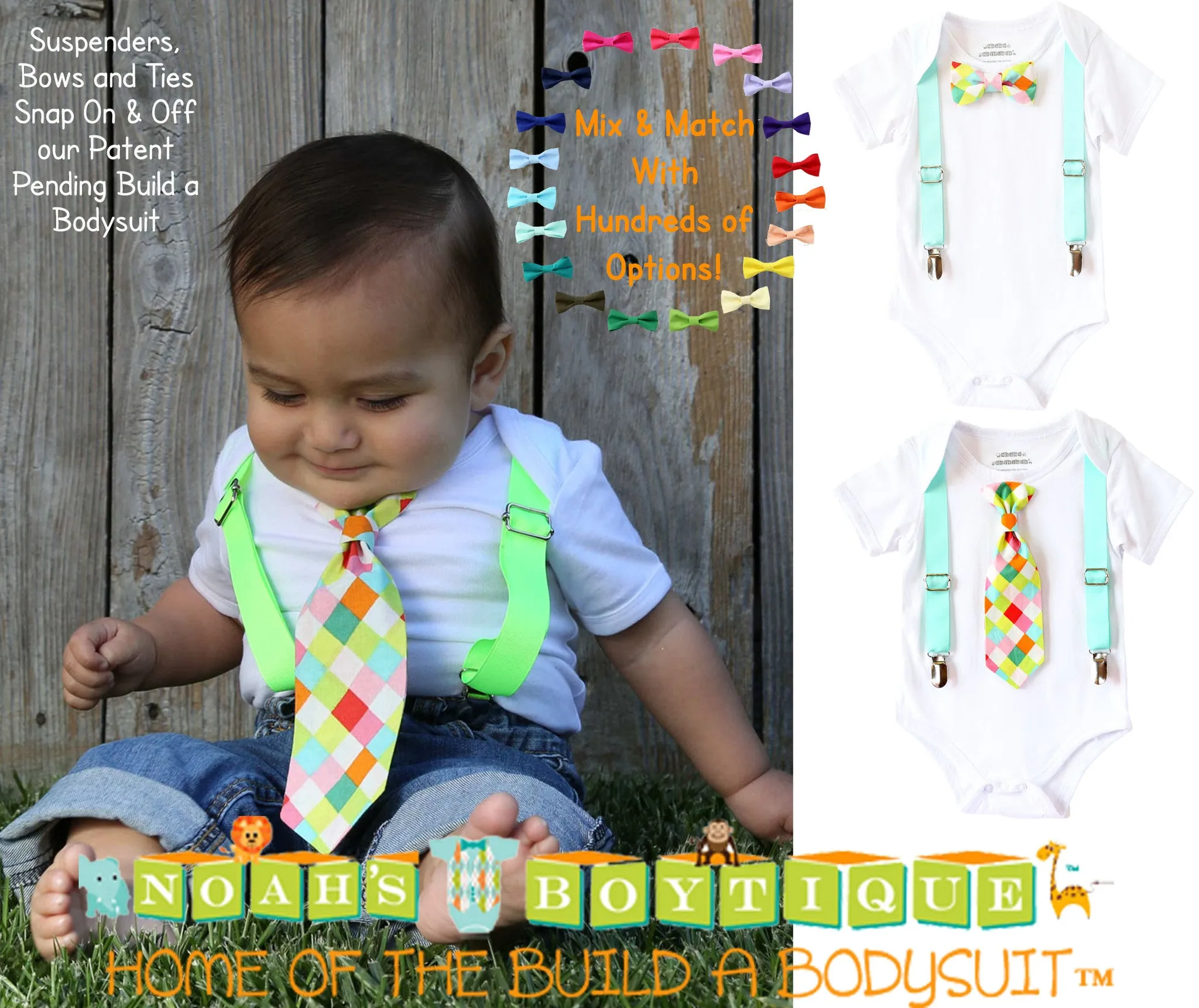 Baby Boy Outfit with Tie and Suspenders Neon