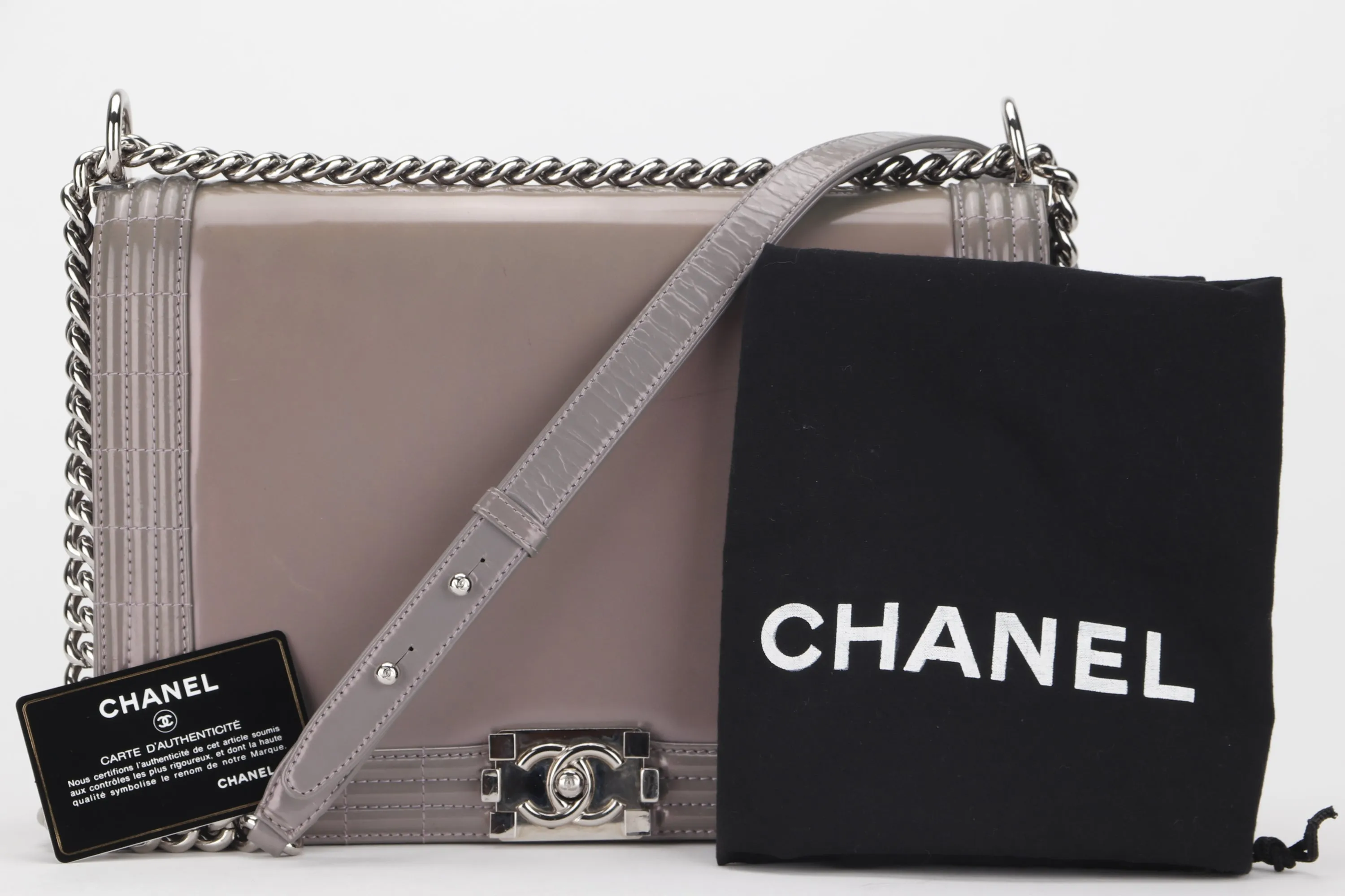 CHANEL BOY (1643xxxx) LARGE GREY PATENT LEATHER SILVER HARDWARE, WITH CARD & DUST COVER