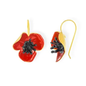 Handmade Gold Plated Red Poppy Drop Earrings