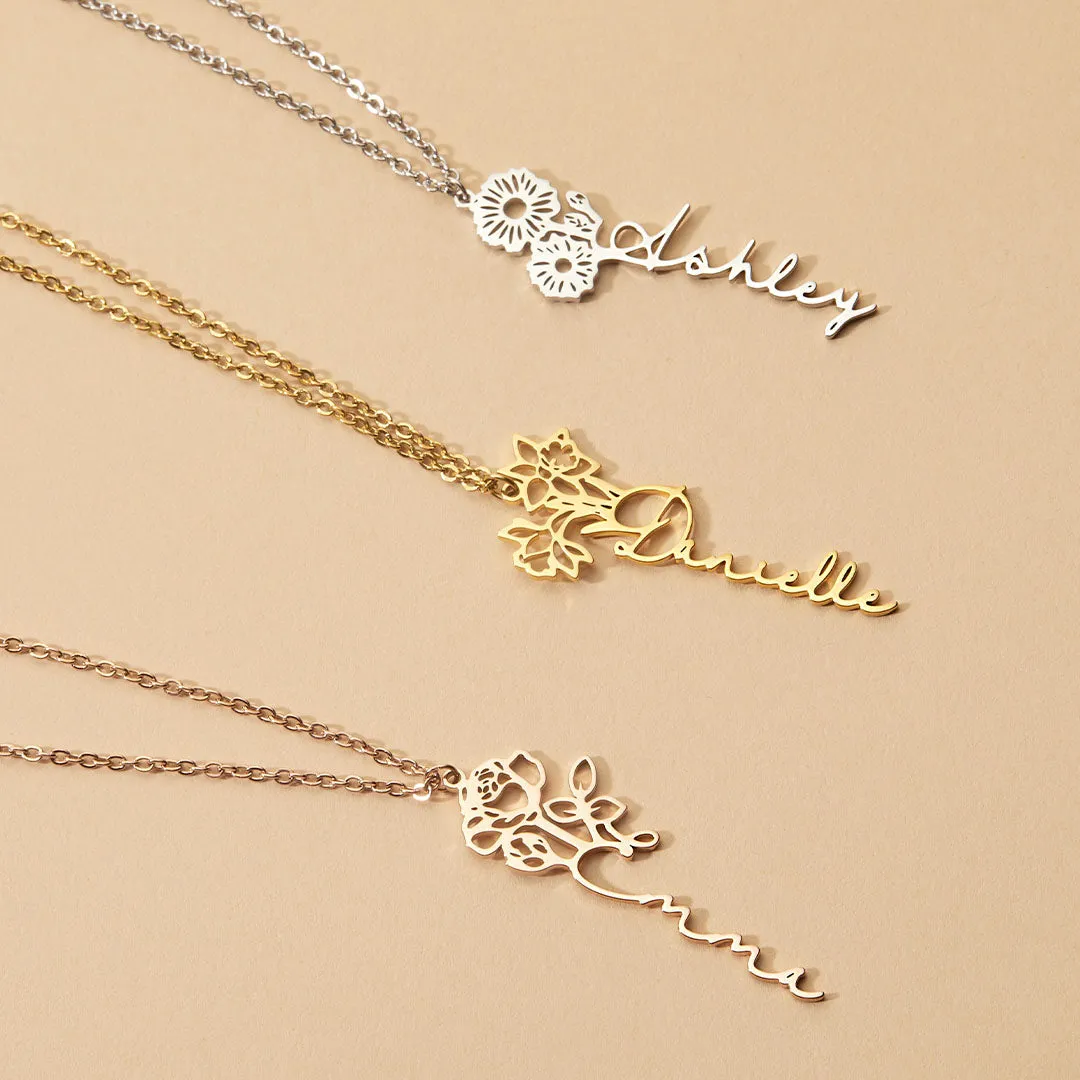 Sterling Silver Birth Flower Name Necklace